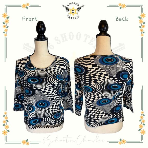 Vintage Beverly's Beaded Embellished Evil Eye Print Blouse Women's Size Medium - Picture 1 of 8